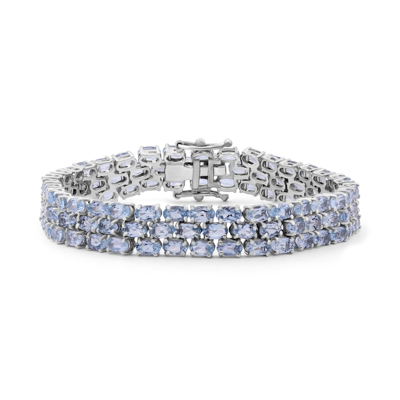 Main Image 1 of Sideways Oval Sky Blue Topaz Triple Row Line Bracelet in Sterling Silver - 7.5"