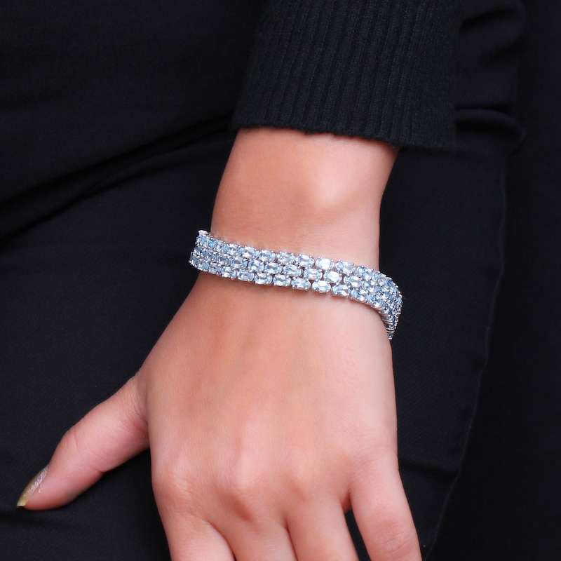 Main Image 2 of Sideways Oval Sky Blue Topaz Triple Row Line Bracelet in Sterling Silver - 7.5"