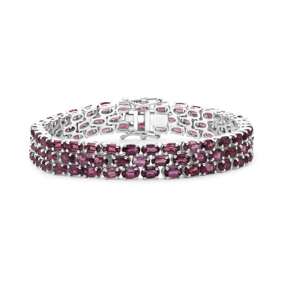 Sideways Oval Garnet Triple Row Line Bracelet in Sterling Silver - 7.5"