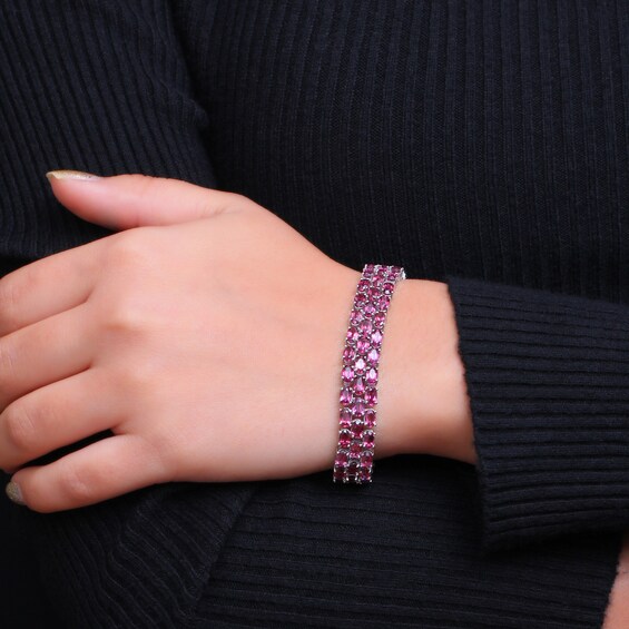 Sideways Oval Garnet Triple Row Line Bracelet in Sterling Silver - 7.5"