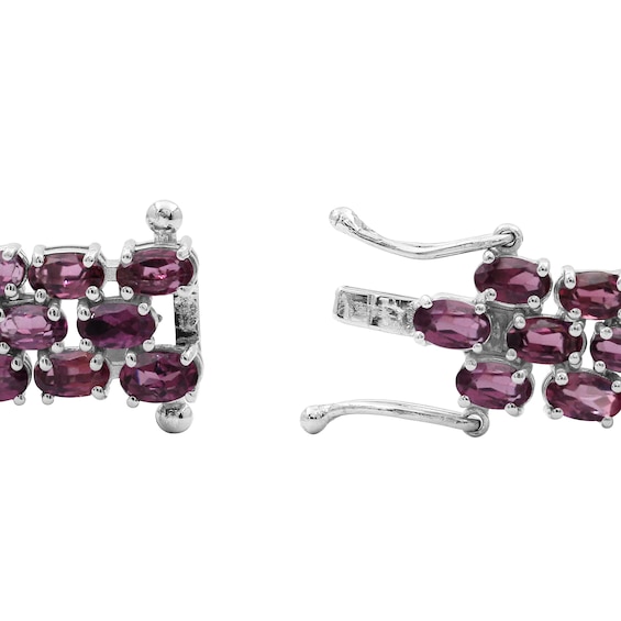 Sideways Oval Garnet Triple Row Line Bracelet in Sterling Silver - 7.5"
