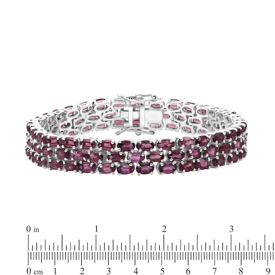 Sideways Oval Garnet Triple Row Line Bracelet in Sterling Silver - 7.5"