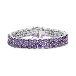 Sideways Oval Amethyst Triple Row Line Bracelet in Sterling Silver - 7.5"