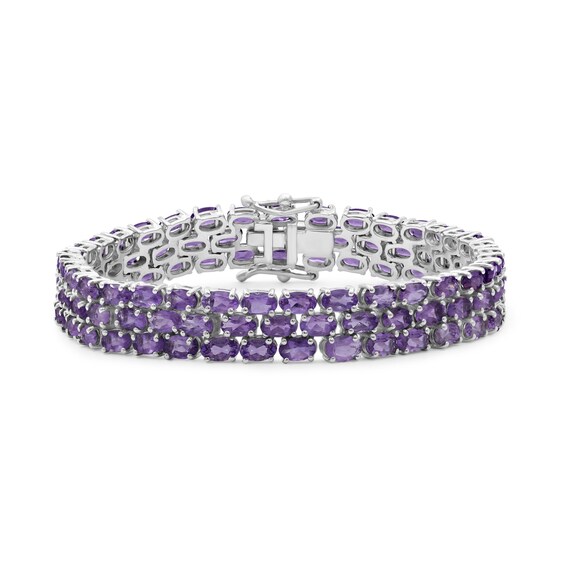Sideways Oval Amethyst Triple Row Line Bracelet in Sterling Silver - 7.5"