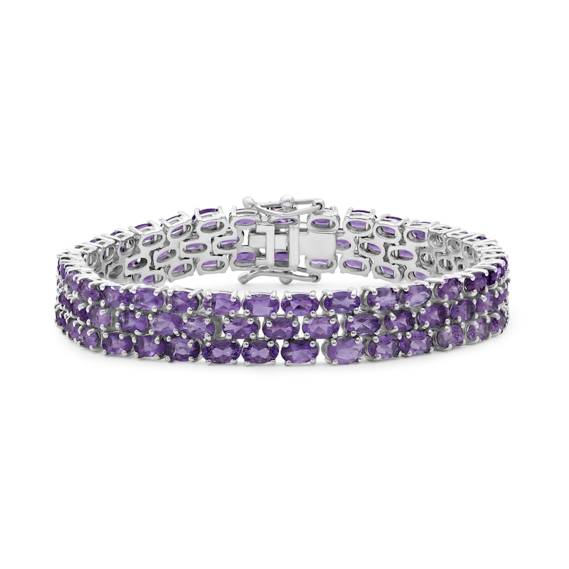 Main Image 1 of Sideways Oval Amethyst Triple Row Line Bracelet in Sterling Silver - 7.5"