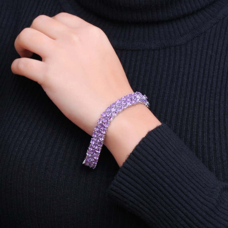 Main Image 2 of Sideways Oval Amethyst Triple Row Line Bracelet in Sterling Silver - 7.5"