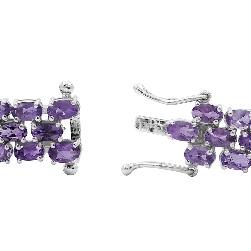 Main Image 3 of Sideways Oval Amethyst Triple Row Line Bracelet in Sterling Silver - 7.5"