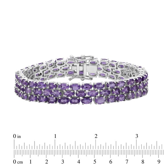 Sideways Oval Amethyst Triple Row Line Bracelet in Sterling Silver - 7.5"