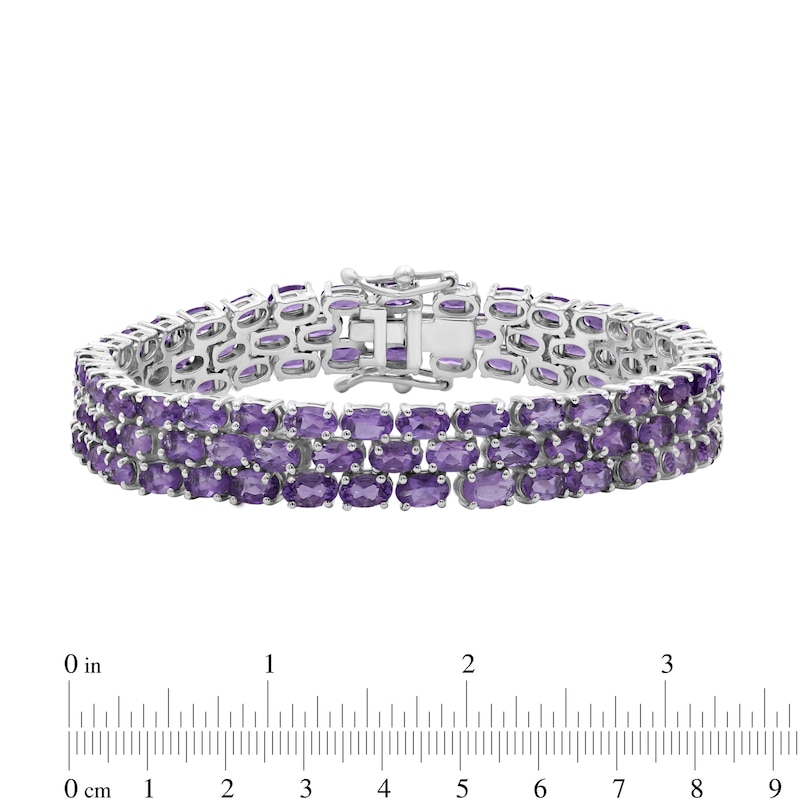 Main Image 4 of Sideways Oval Amethyst Triple Row Line Bracelet in Sterling Silver - 7.5"