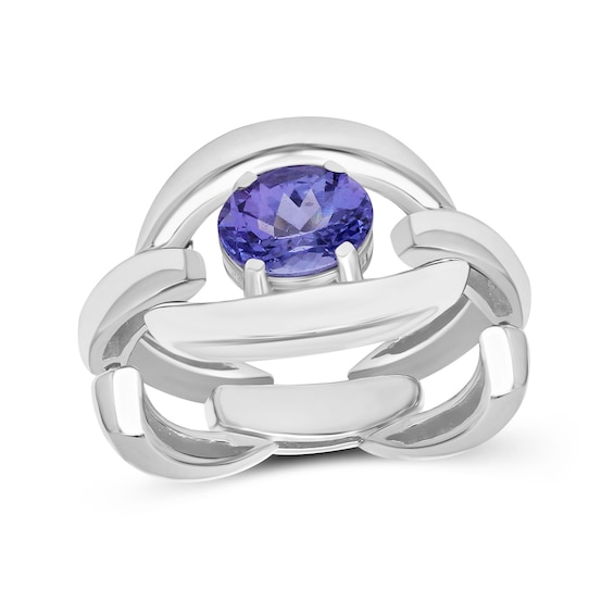 Sideways Oval Tanzanite Solitaire Bold Interlocking Frame Chain Link Ring in Sterling Silver