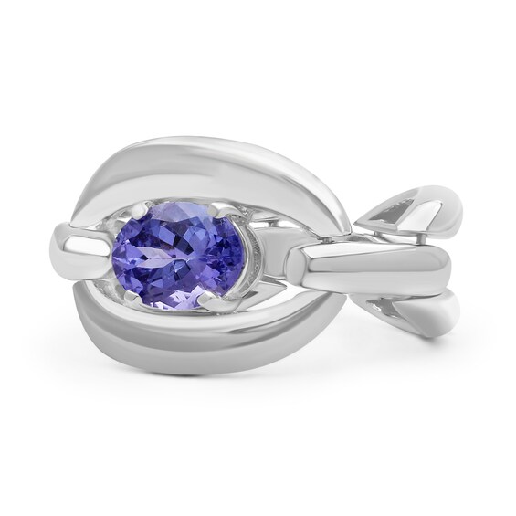 Sideways Oval Tanzanite Solitaire Bold Interlocking Frame Chain Link Ring in Sterling Silver