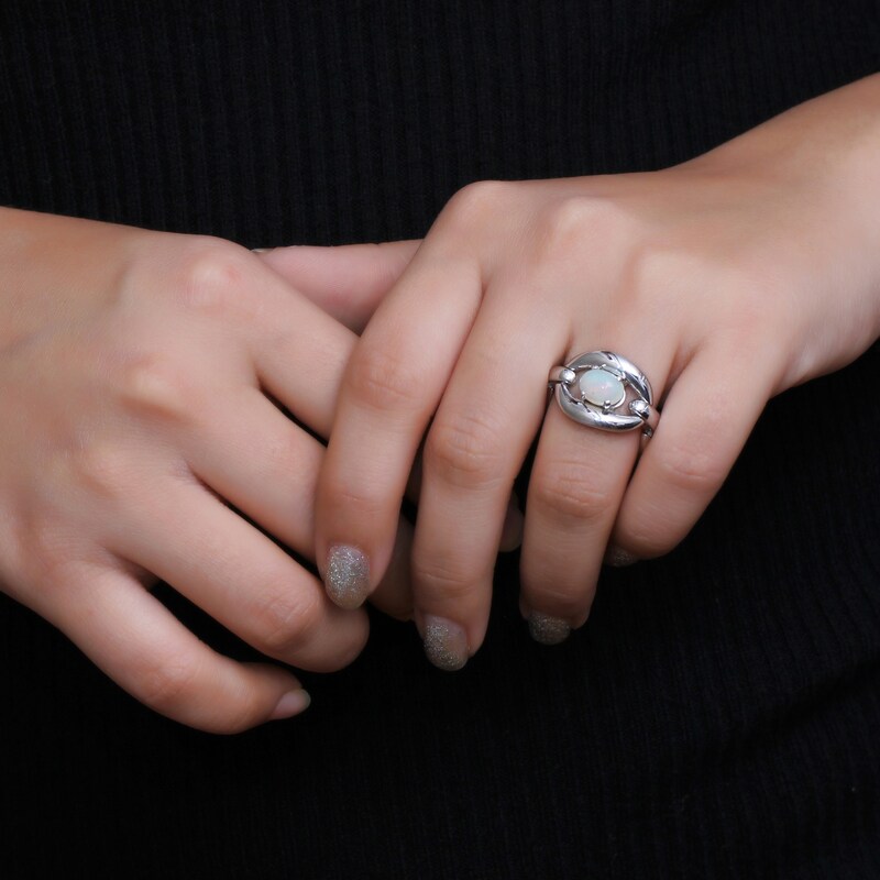 Main Image 2 of Sideways Oval Opal Solitaire Bold Interlocking Frame Chain Link Ring in Sterling Silver