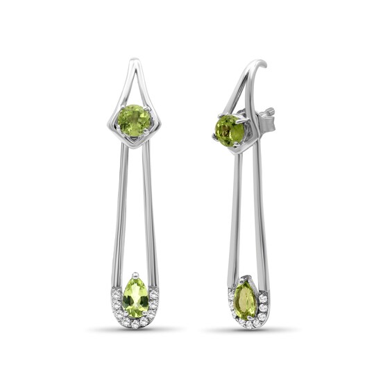 Pear-Shaped and Round Peridot with White Lab-Created Zircon Abstract Safety Pin Front/Back Earrings in Sterling Silver