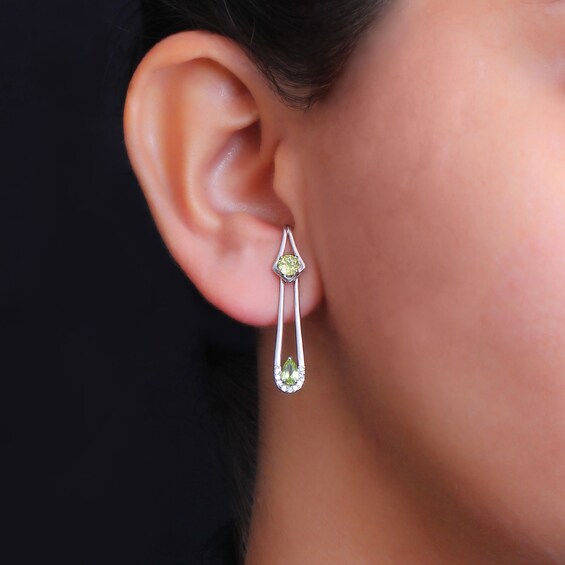 Pear-Shaped and Round Peridot with White Lab-Created Zircon Abstract Safety Pin Front/Back Earrings in Sterling Silver