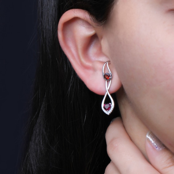 Heart-Shaped and Round Garnet with White Lab-Created Zircon Abstract Pendulum Front/Back Earrings in Sterling Silver