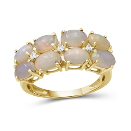 Oval Opal and White Lab-Created Zircon Double Row Eight Stone Ring in Sterling Silver with 14K Gold Plate