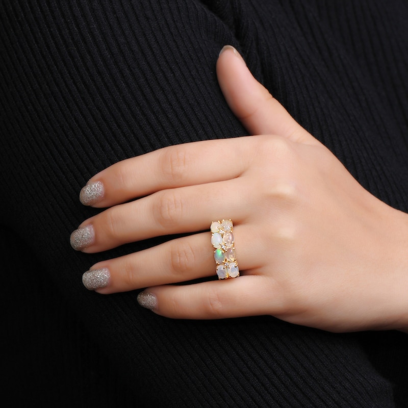 Main Image 2 of Oval Opal and White Lab-Created Zircon Double Row Eight Stone Ring in Sterling Silver with 14K Gold Plate
