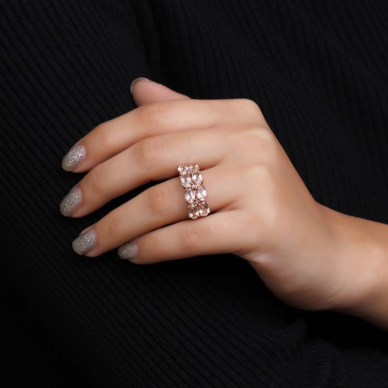 Main Image 2 of Oval Morganite and White Lab-Created Zircon Double Row Eight Stone Ring in Sterling Silver with 14K Rose Gold Plate