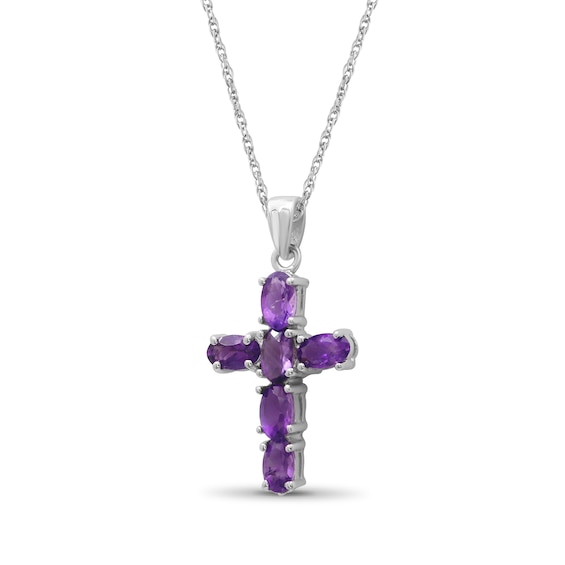 Oval Amethyst Six Stone Cross Pendant in Sterling Silver