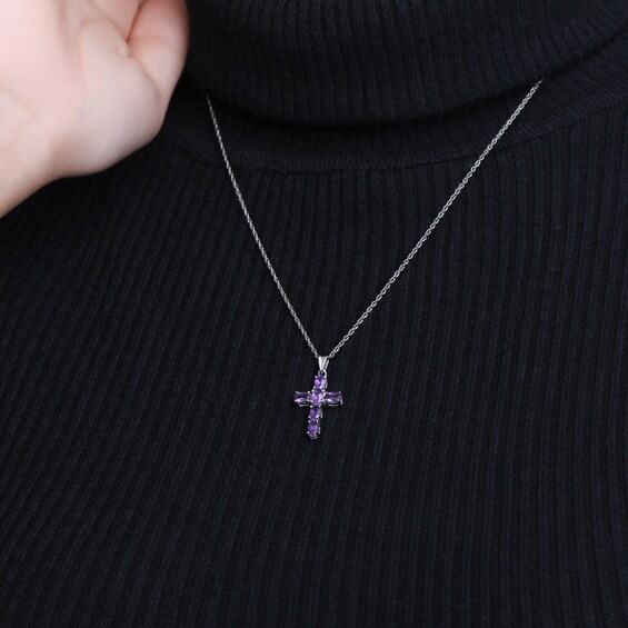 Oval Amethyst Six Stone Cross Pendant in Sterling Silver