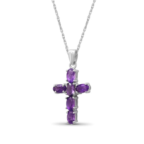 Oval Amethyst Six Stone Cross Pendant in Sterling Silver