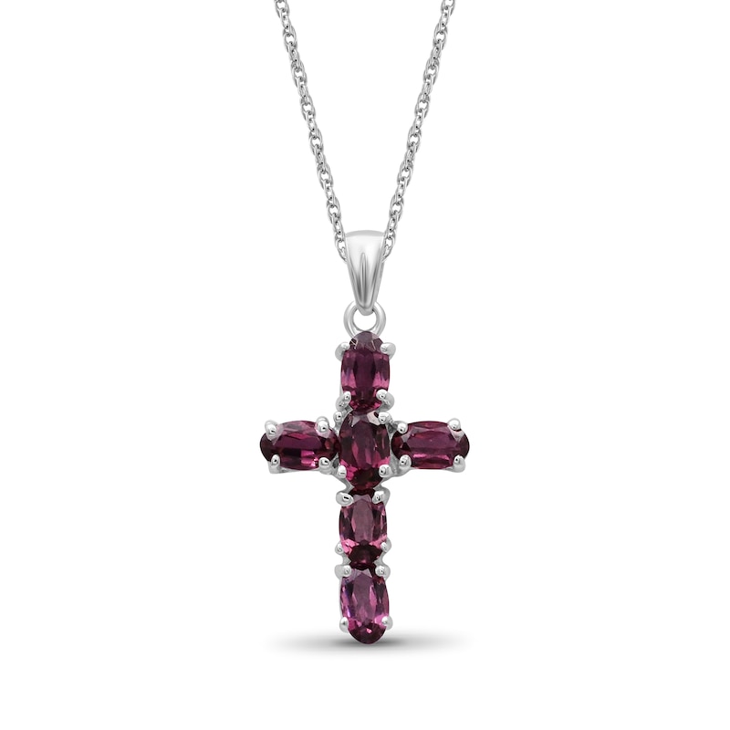 Main Image 1 of Oval Garnet Six Stone Cross Pendant in Sterling Silver