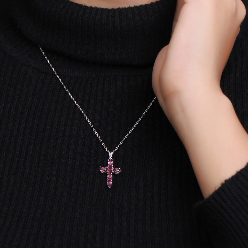 Main Image 2 of Oval Garnet Six Stone Cross Pendant in Sterling Silver