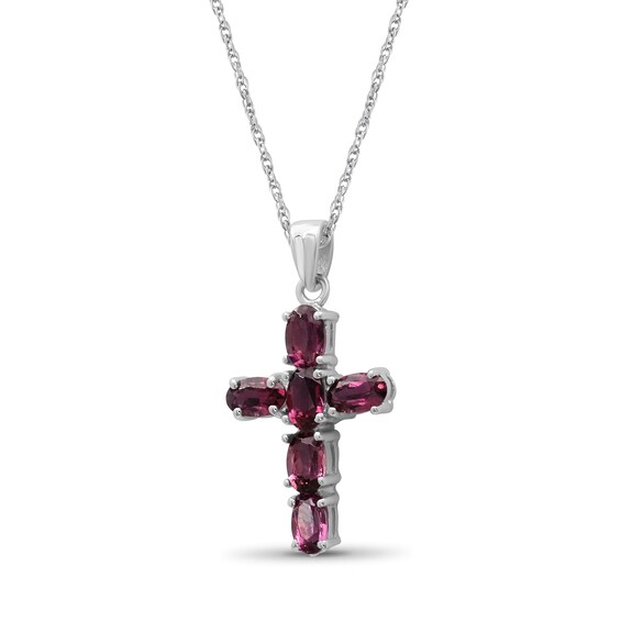 Oval Garnet Six Stone Cross Pendant in Sterling Silver