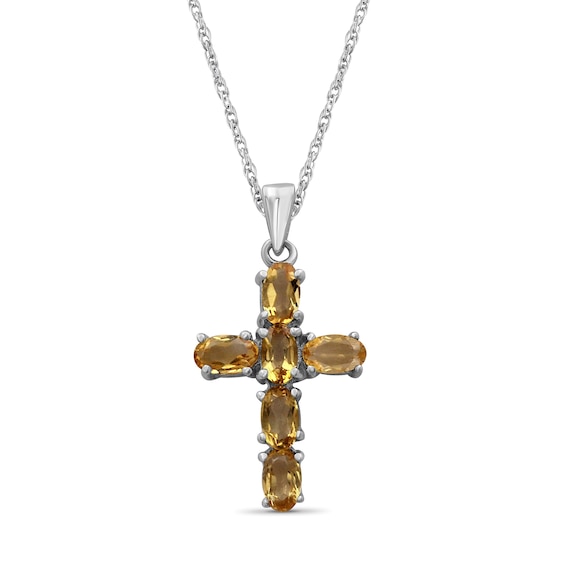 Oval Citrine Six Stone Cross Pendant in Sterling Silver