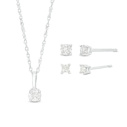 1/2 CT. T.W. Princess-Cut and Round Diamond Solitaire Pendant and Earrings Three Piece Set in 10K White Gold (J/I3)