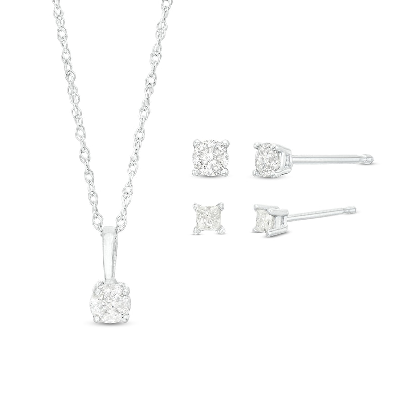 Essentials 1/2 CT. T.W. Princess-Cut and Round Diamond Solitaire Pendant and Earrings Set in 10K White Gold (J/I3)