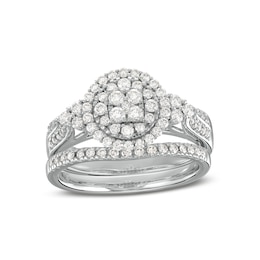 3/4 CT. T.W. Multi-Diamond Frame Tri-Sides Double Row Cathedral Shank Bridal Set in 14K White Gold