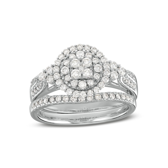 3/4 CT. T.w. Multi-Diamond Frame Tri-Sides Double Row Cathedral Shank Bridal Set in 14K White Gold