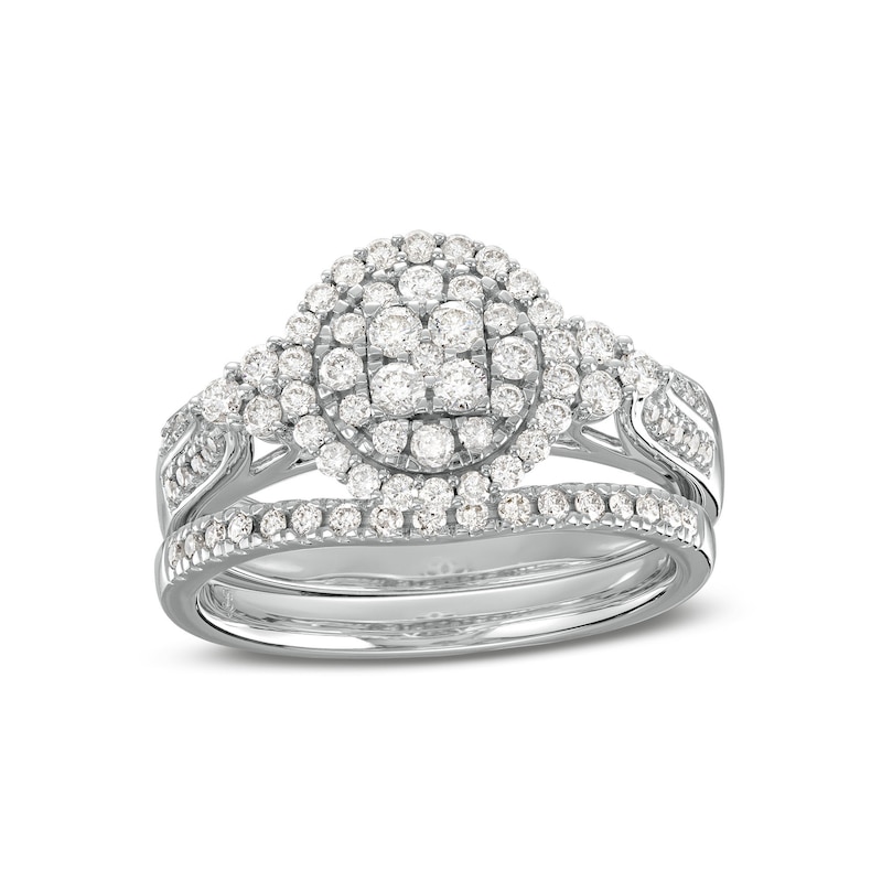 Main Image 1 of 3/4 CT. T.W. Multi-Diamond Frame Tri-Sides Double Row Cathedral Shank Bridal Set in 14K White Gold