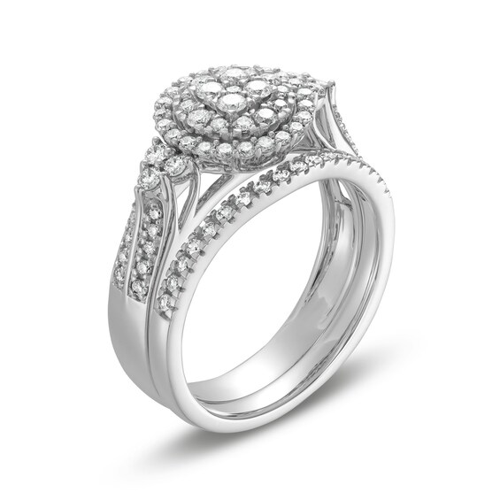 3/4 CT. T.w. Multi-Diamond Frame Tri-Sides Double Row Cathedral Shank Bridal Set in 14K White Gold