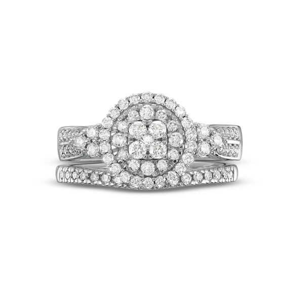 3/4 CT. T.w. Multi-Diamond Frame Tri-Sides Double Row Cathedral Shank Bridal Set in 14K White Gold