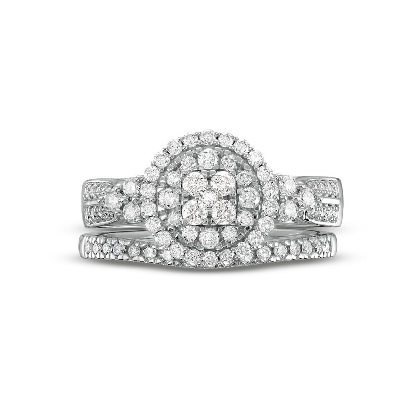 Main Image 4 of 3/4 CT. T.W. Multi-Diamond Frame Tri-Sides Double Row Cathedral Shank Bridal Set in 14K White Gold