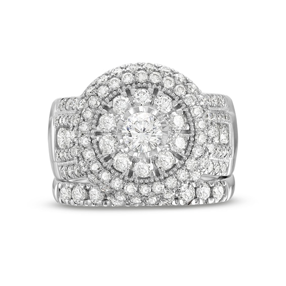 2-7/8 CT. T.w. Multi-Diamond Layered Double Frame Multi-Row Bridal Set in 10K White Gold