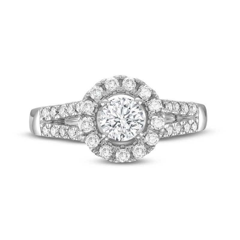 Main Image 4 of 1 CT. T.W. Diamond Frame Double Row Split Shank Engagement Ring in 14K White Gold (I/I2)