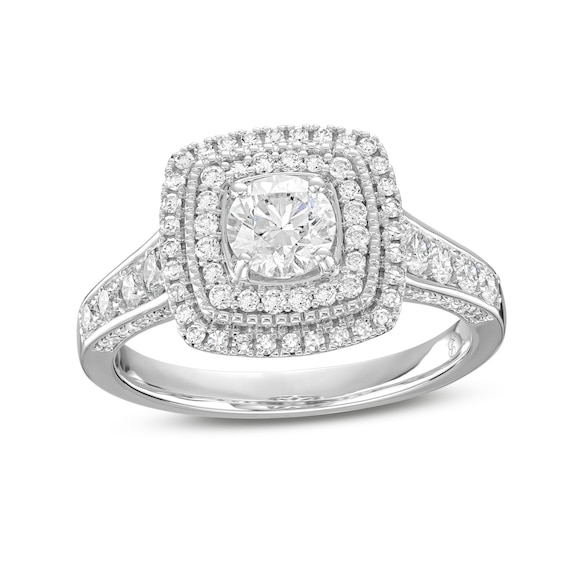 1-1/4 CT. T.w. Diamond Cushion-Shaped Double Frame Edge Accent Tapered Shank Engagement Ring in 14K White Gold (I/I1)