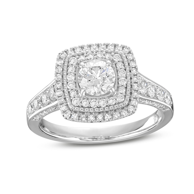 Main Image 1 of 1-1/4 CT. T.W. Diamond Cushion-Shaped Double Frame Edge Accent Tapered Shank Engagement Ring in 14K White Gold (I/I1)