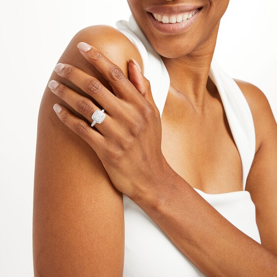 1-1/4 CT. T.w. Diamond Cushion-Shaped Double Frame Edge Accent Tapered Shank Engagement Ring in 14K White Gold (I/I1)