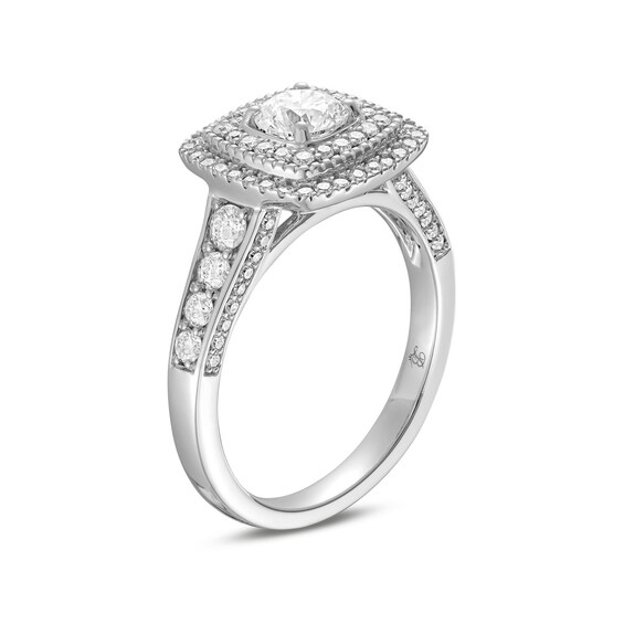 1-1/4 CT. T.w. Diamond Cushion-Shaped Double Frame Edge Accent Tapered Shank Engagement Ring in 14K White Gold (I/I1)