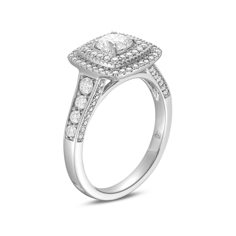Main Image 3 of 1-1/4 CT. T.W. Diamond Cushion-Shaped Double Frame Edge Accent Tapered Shank Engagement Ring in 14K White Gold (I/I1)