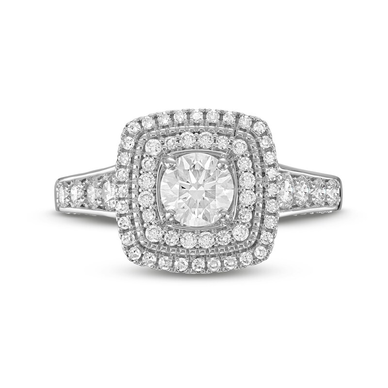 Main Image 4 of 1-1/4 CT. T.W. Diamond Cushion-Shaped Double Frame Edge Accent Tapered Shank Engagement Ring in 14K White Gold (I/I1)