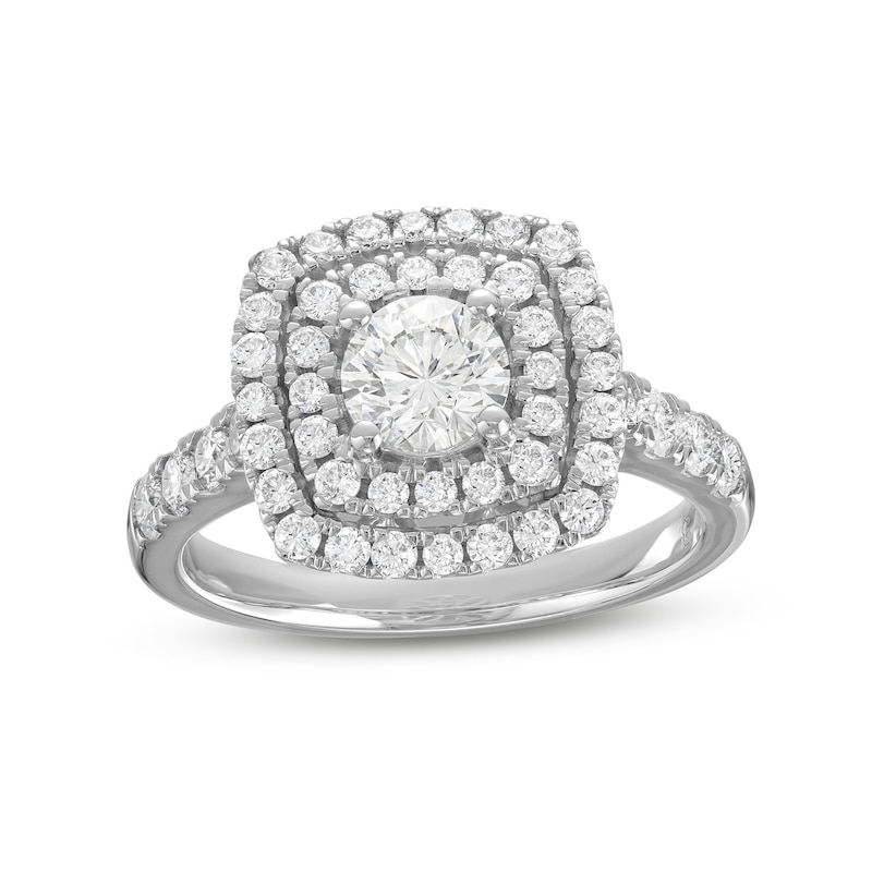 Main Image 1 of 1-1/2 CT. T.W. Diamond Cushion-Shaped Double Frame Engagement Ring in 14K White Gold (I/I1)
