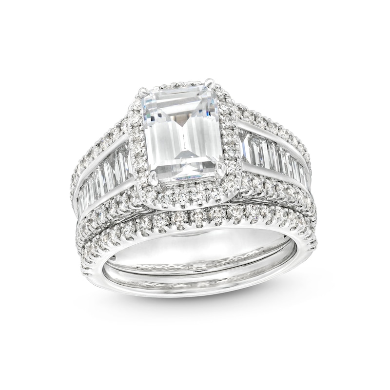 Main Image 1 of 3-3/4 CT. T.W. Certified Emerald-Cut Lab-Grown Diamond Frame Bridal Set in 14K White Gold (F/VS2)