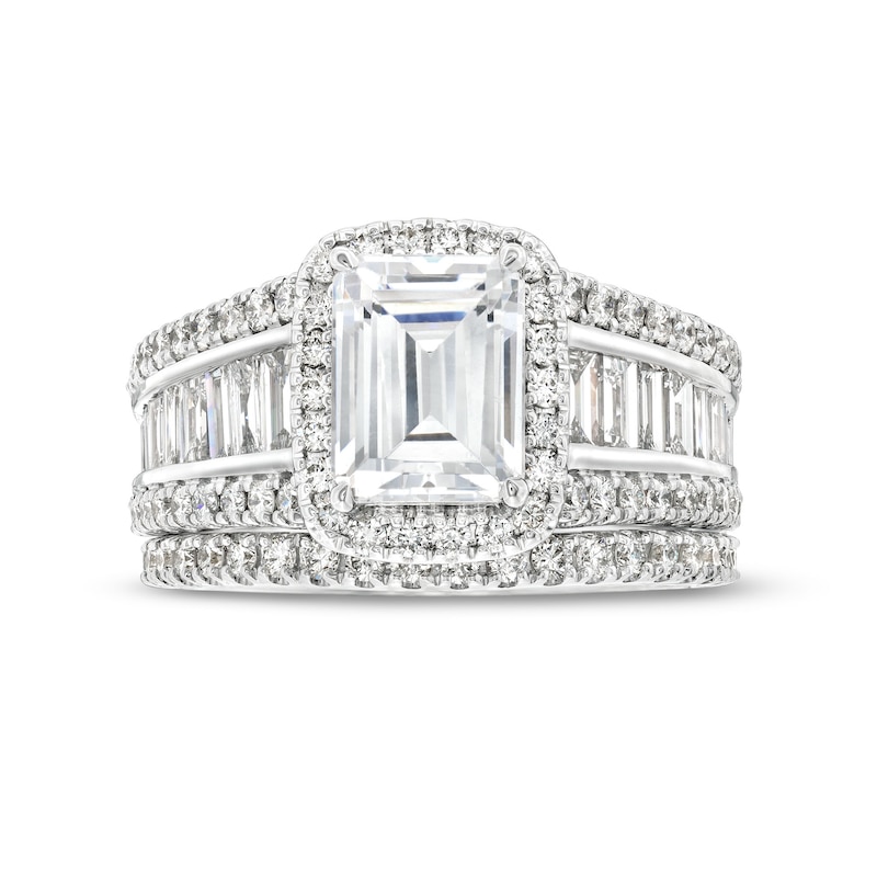 Main Image 4 of 3-3/4 CT. T.W. Certified Emerald-Cut Lab-Grown Diamond Frame Bridal Set in 14K White Gold (F/VS2)