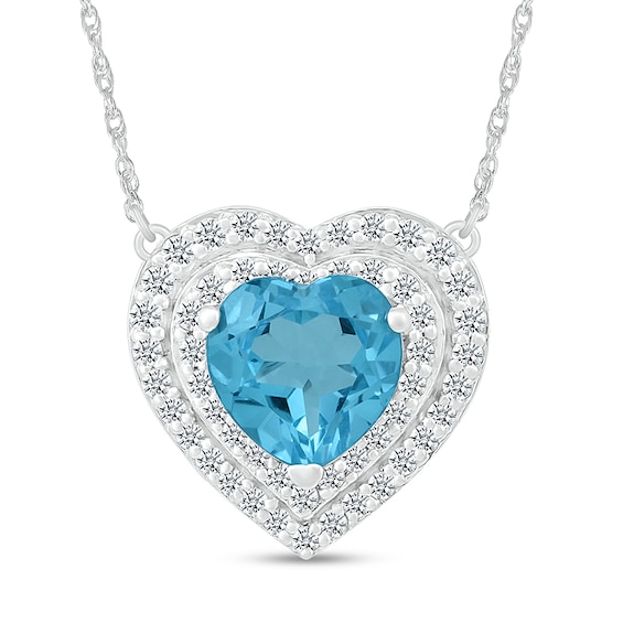 7.0mm Swiss Blue Topaz and White Lab-Created Sapphire Double Frame Heart Pendant in 10K White Gold