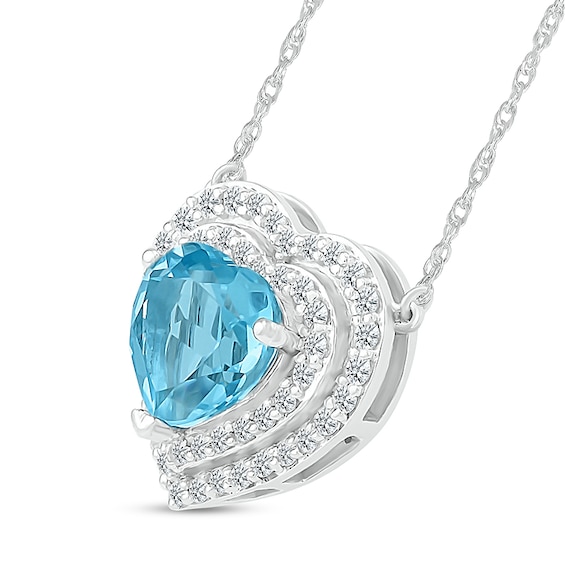 7.0mm Swiss Blue Topaz and White Lab-Created Sapphire Double Frame Heart Pendant in 10K White Gold